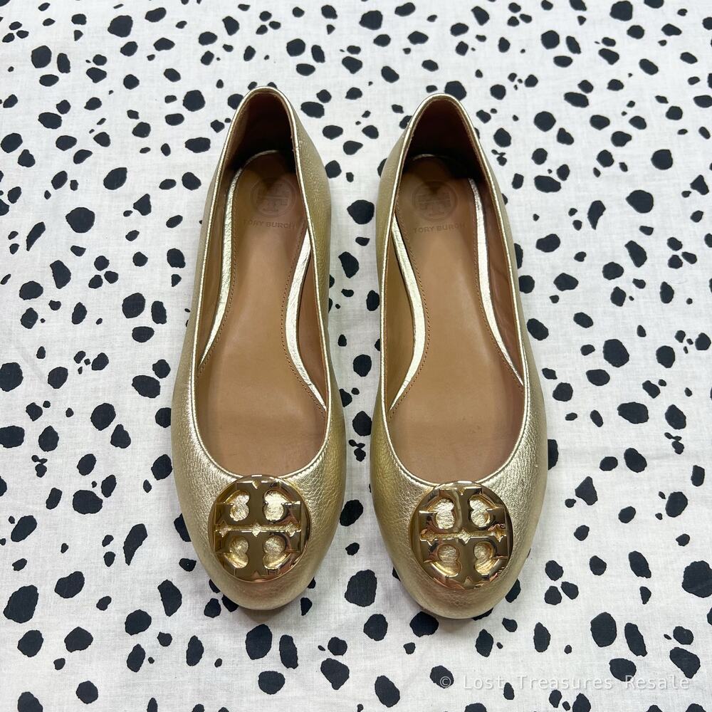 Tory Burch | Claire Gold Leather Logo Designer Ballet Flats Size 6.5 Like New